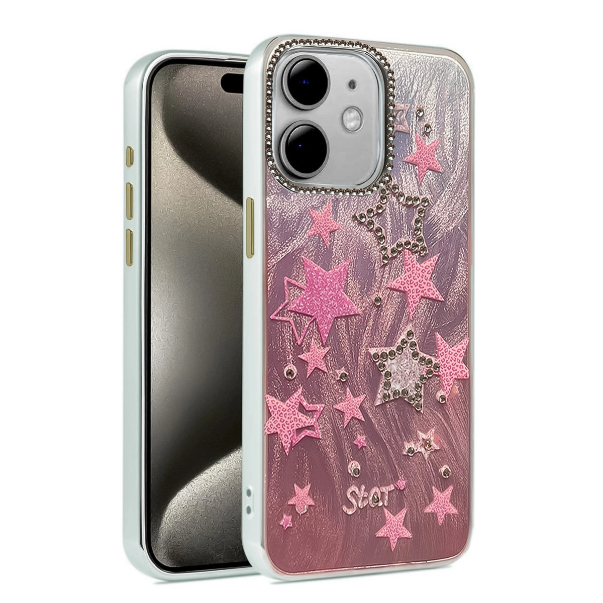 Gradyanlı zeminde pembe yıldızlar ve kristallerle parlak bir iPhone kılıfı.
