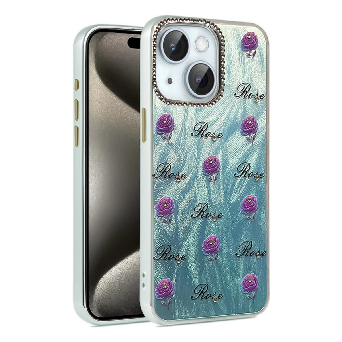 Pembe güller ve "Rose" kelimesiyle açık mavi telefon kılıfı.