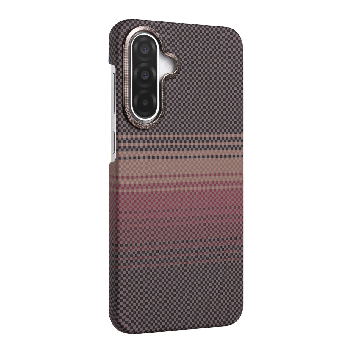 Kırmızı ve kahverengi tonlarda kareli desenli, üç lensli telefon kılıfı.