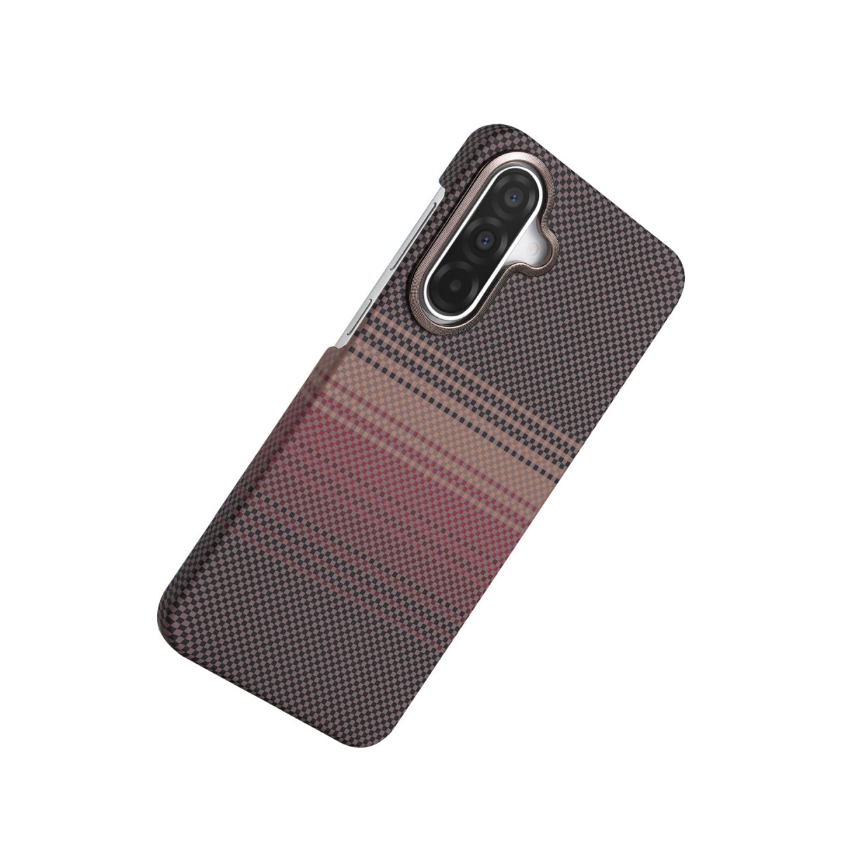 Kamera açıklığı olan kahverengi ve kırmızı ekose telefon kılıfı.
