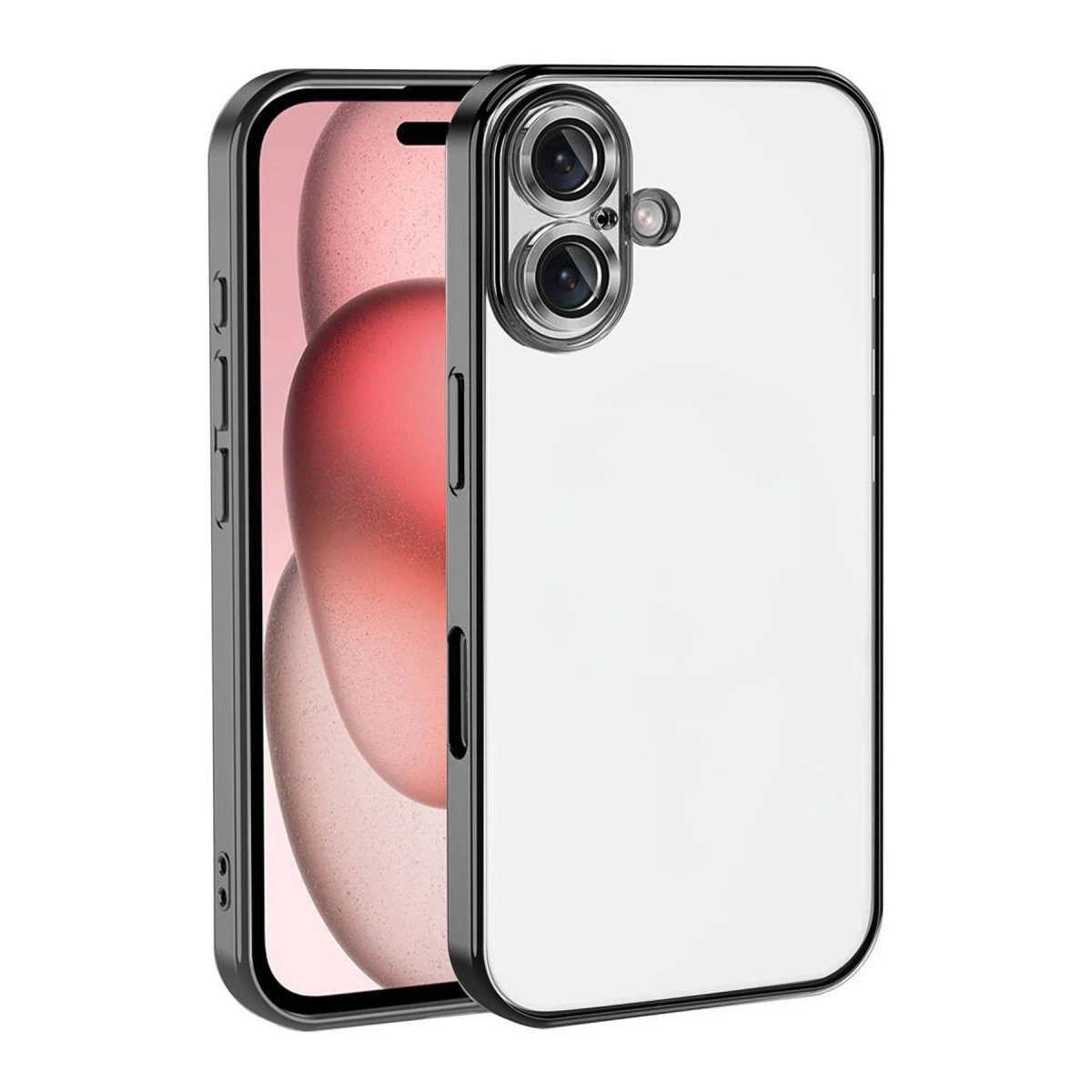 Gümüş kenarlı ve iki kamera lensli şeffaf telefon kılıfı.