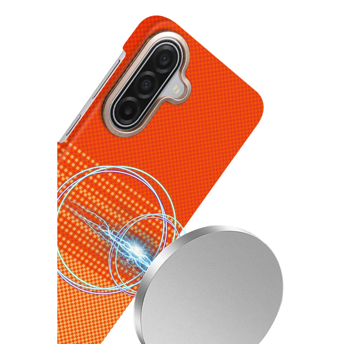 Kamera modüllü turuncu telefon kılıfı ve ön planda gümüş daire.