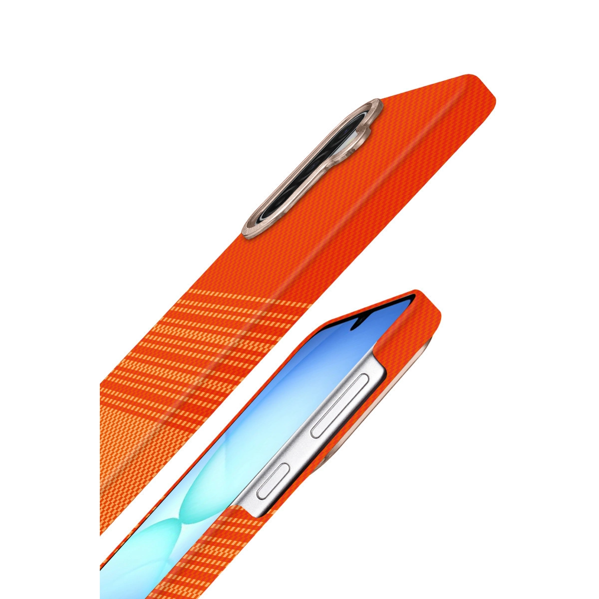 Desenli turuncu telefon kılıfı, kamera ve düğmeleri gösteriyor.