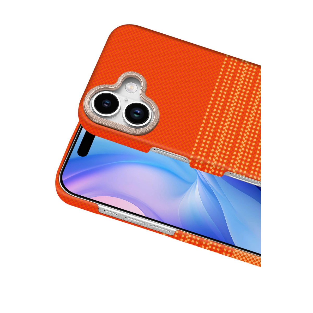 Kareli desenli turuncu telefon kılıfı, iki kamera lensi gösteriyor.