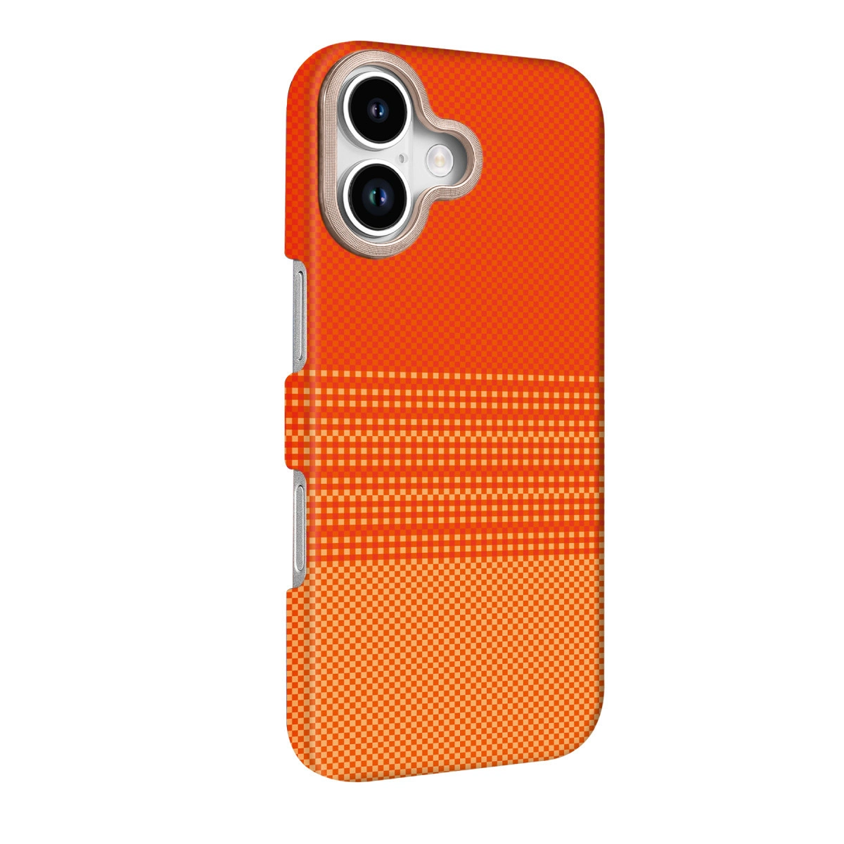 Kare desenli ve yatay çizgili turuncu telefon kılıfı.