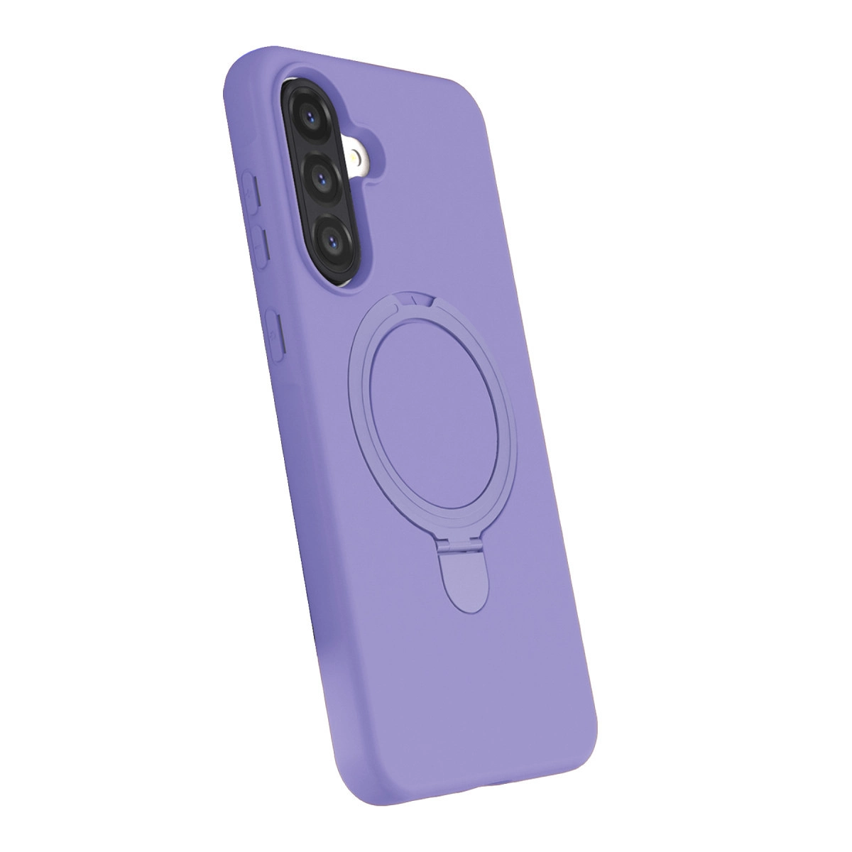 Halka tutuculu ve üç kamera lensli mor telefon kılıfı.