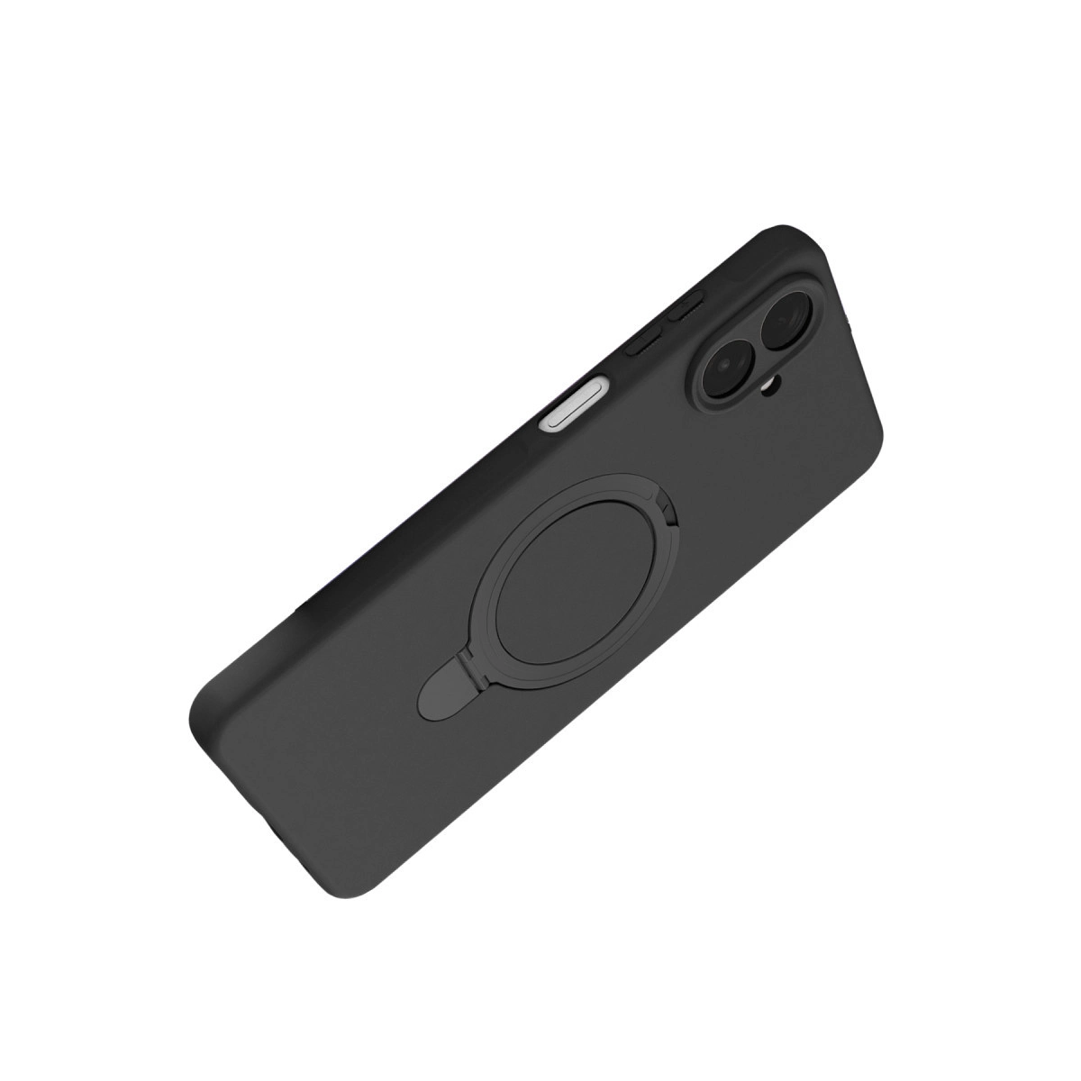 Halka tutuculu ve çift kameralı siyah telefon, beyaz arka planda.