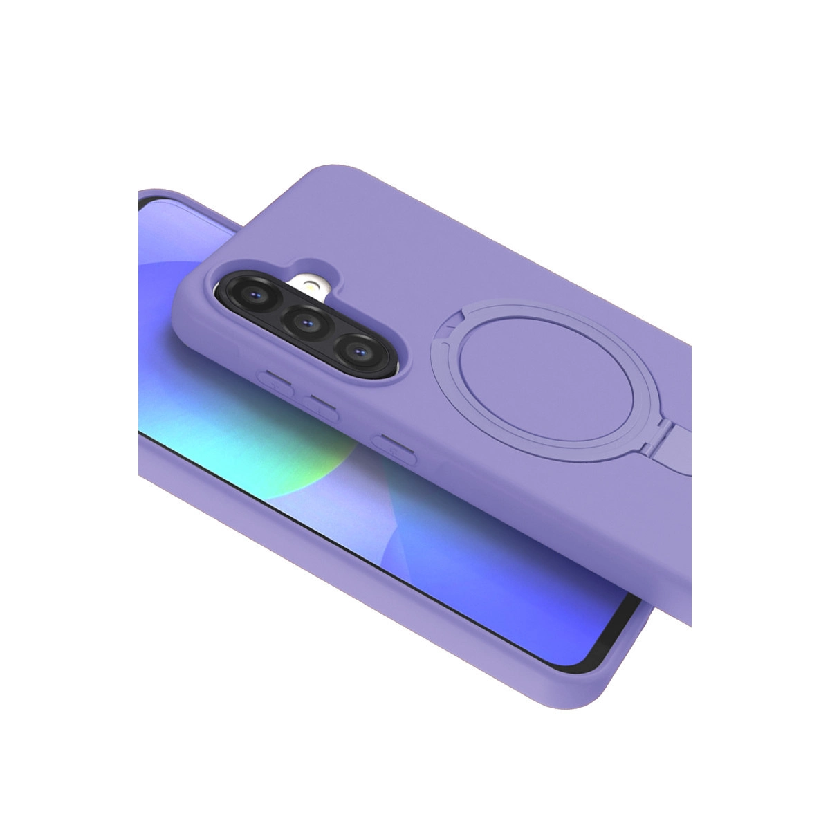 Halka tutuculu ve kamera lensli mor telefon kılıfı.