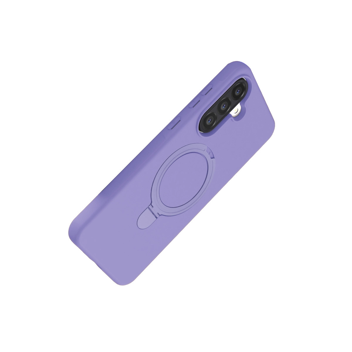 Halka tutuculu ve üç kamera lensli mor telefon kılıfı.