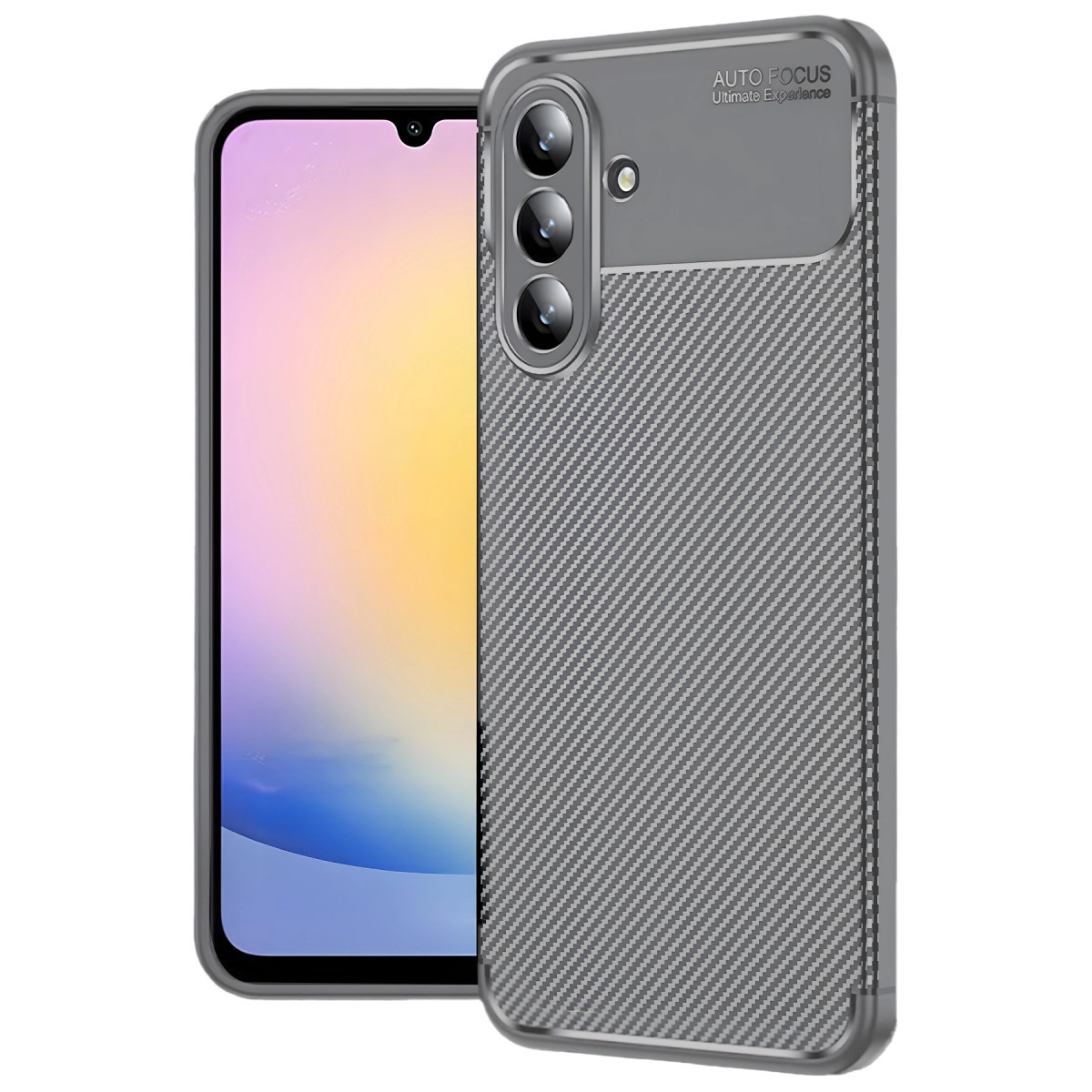 Karbon desenli kılıflı gri akıllı telefon ve üç kamera.