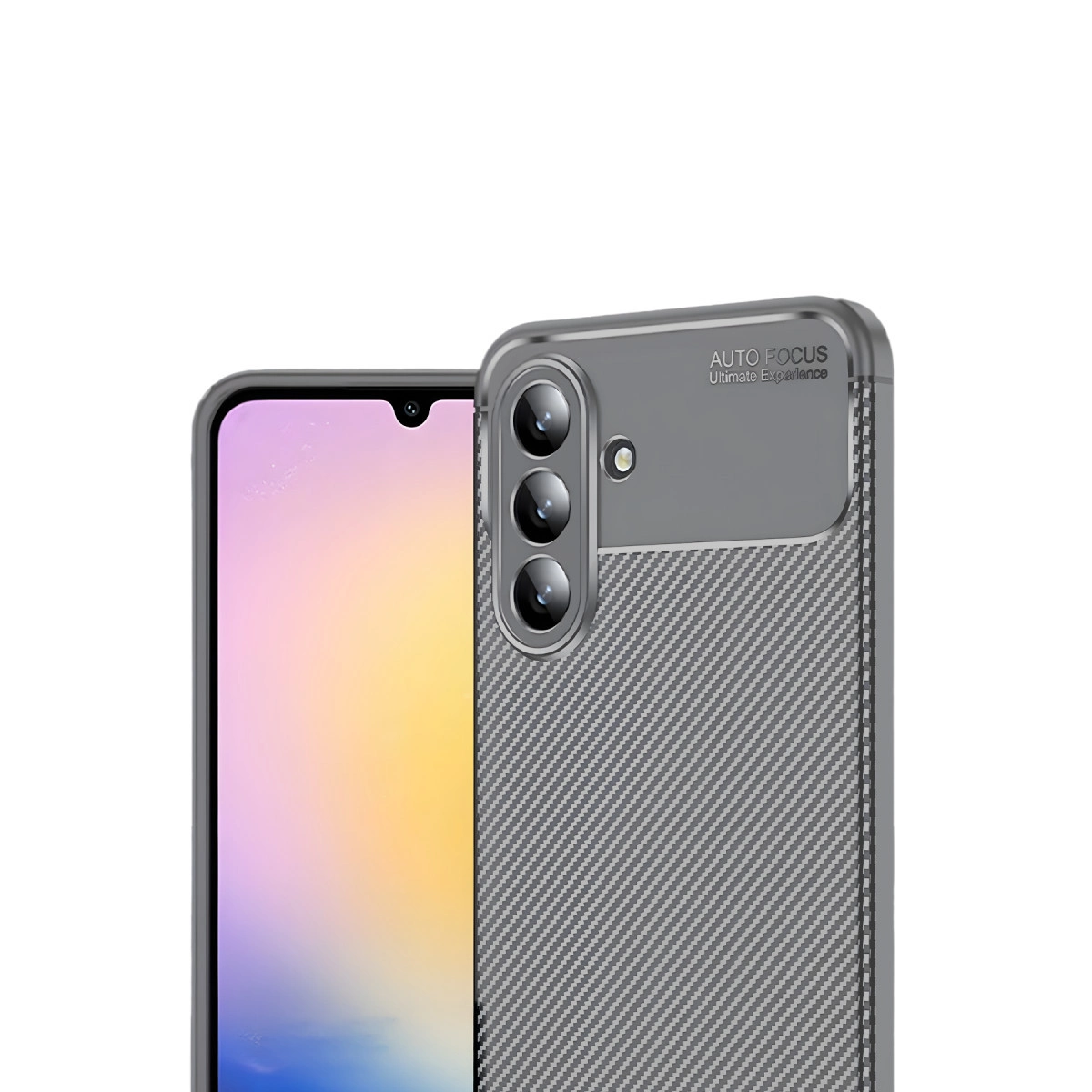 Karbon desenli ve üç kameralı gri telefon kılıfı.