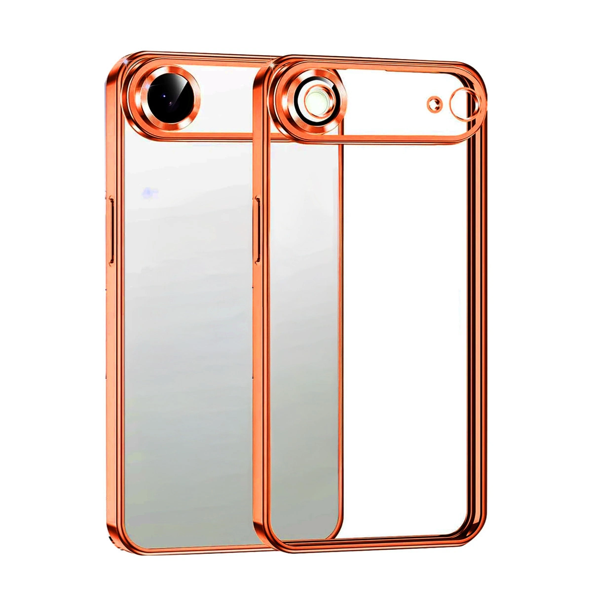 Şeffaf arka kapaklı iki adet rose gold telefon kılıfı yan yana duruyor.