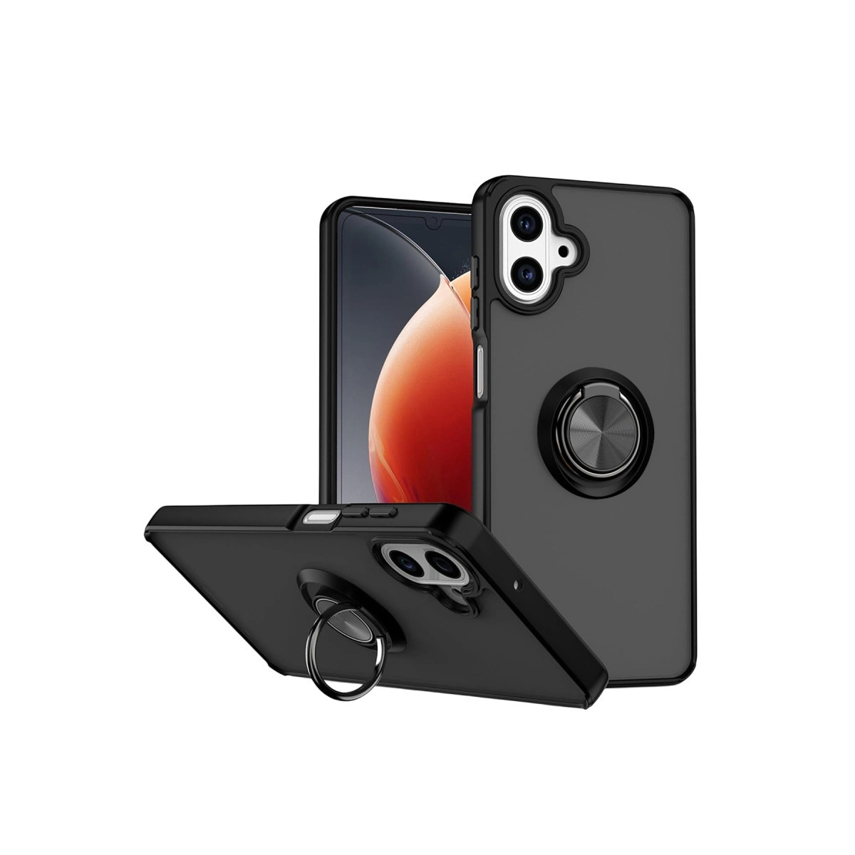 Beyaz arka plan üzerinde halka tutuculu ve kamera adalı iki siyah telefon kılıfı.