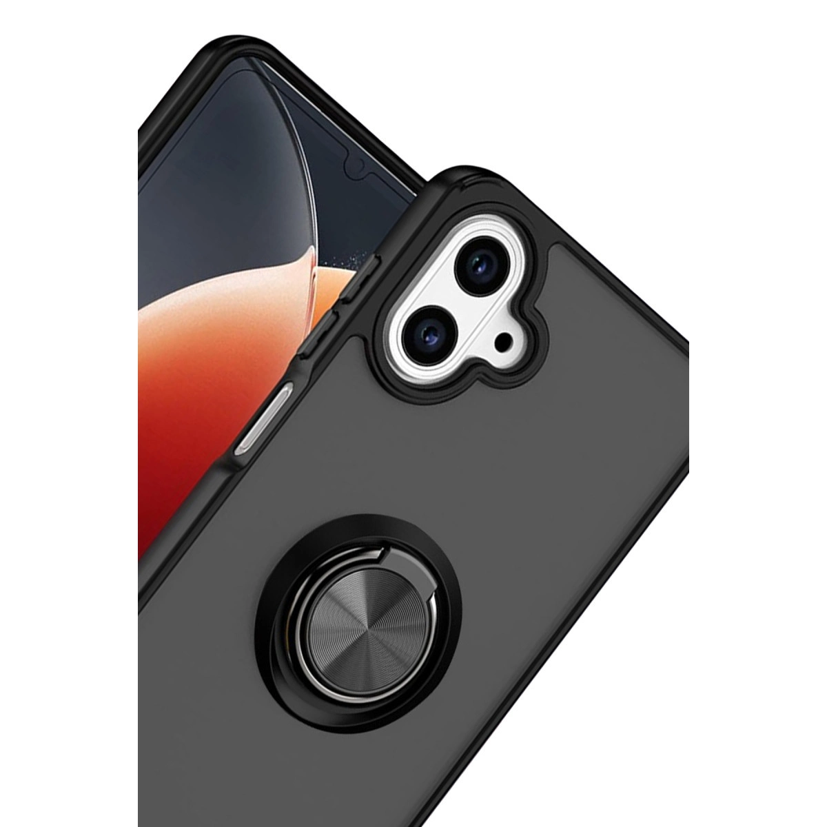 Halka tutuculu ve iki kamera lensli siyah telefon kılıfı.