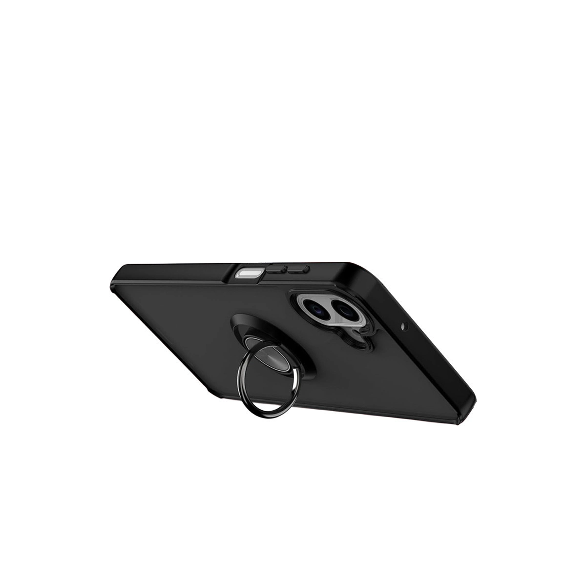 Arkada halka tutuculu siyah telefon, görünen beyaz düğmeler.