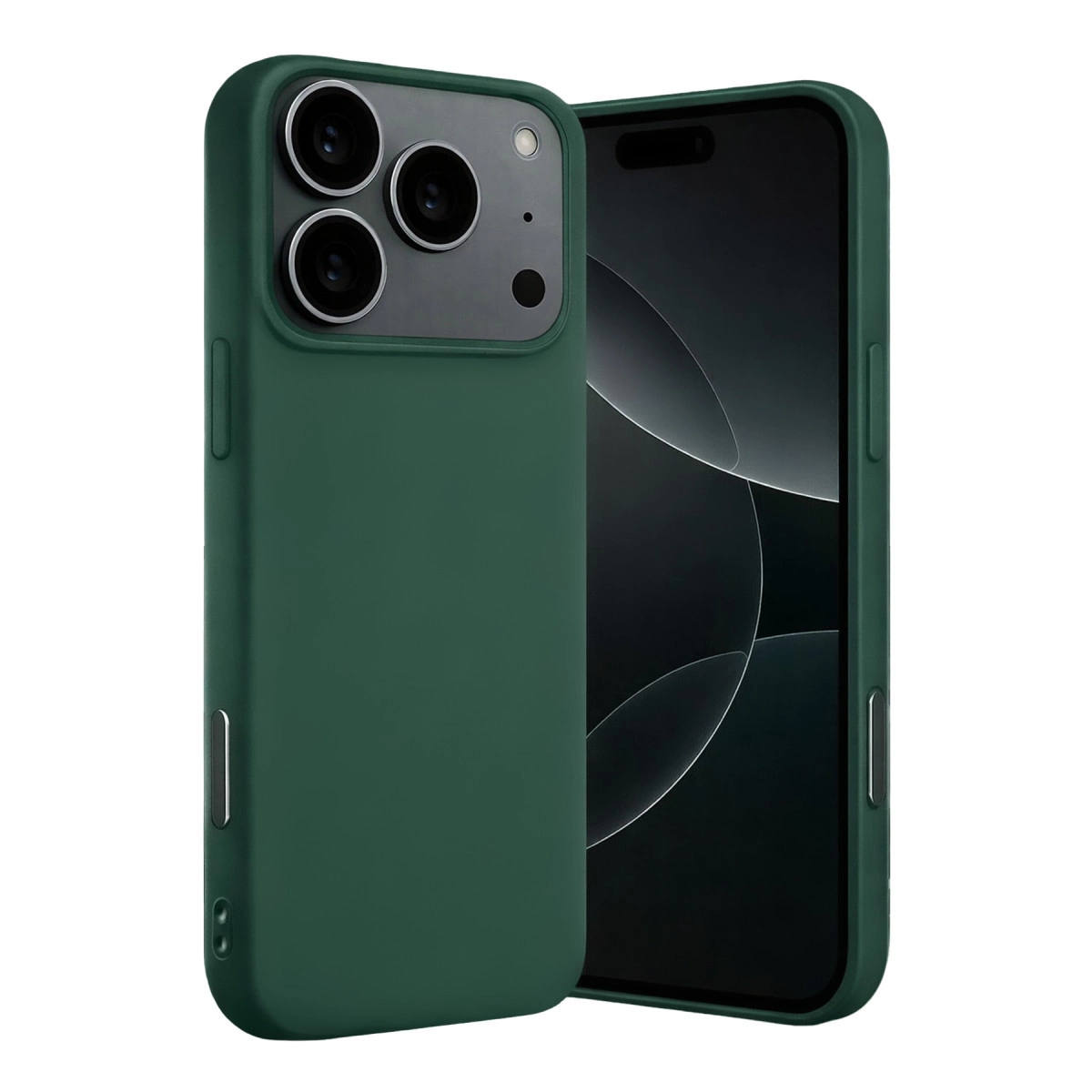 Üç kamera lensli koyu yeşil iPhone kılıfı ve bir akıllı telefon.