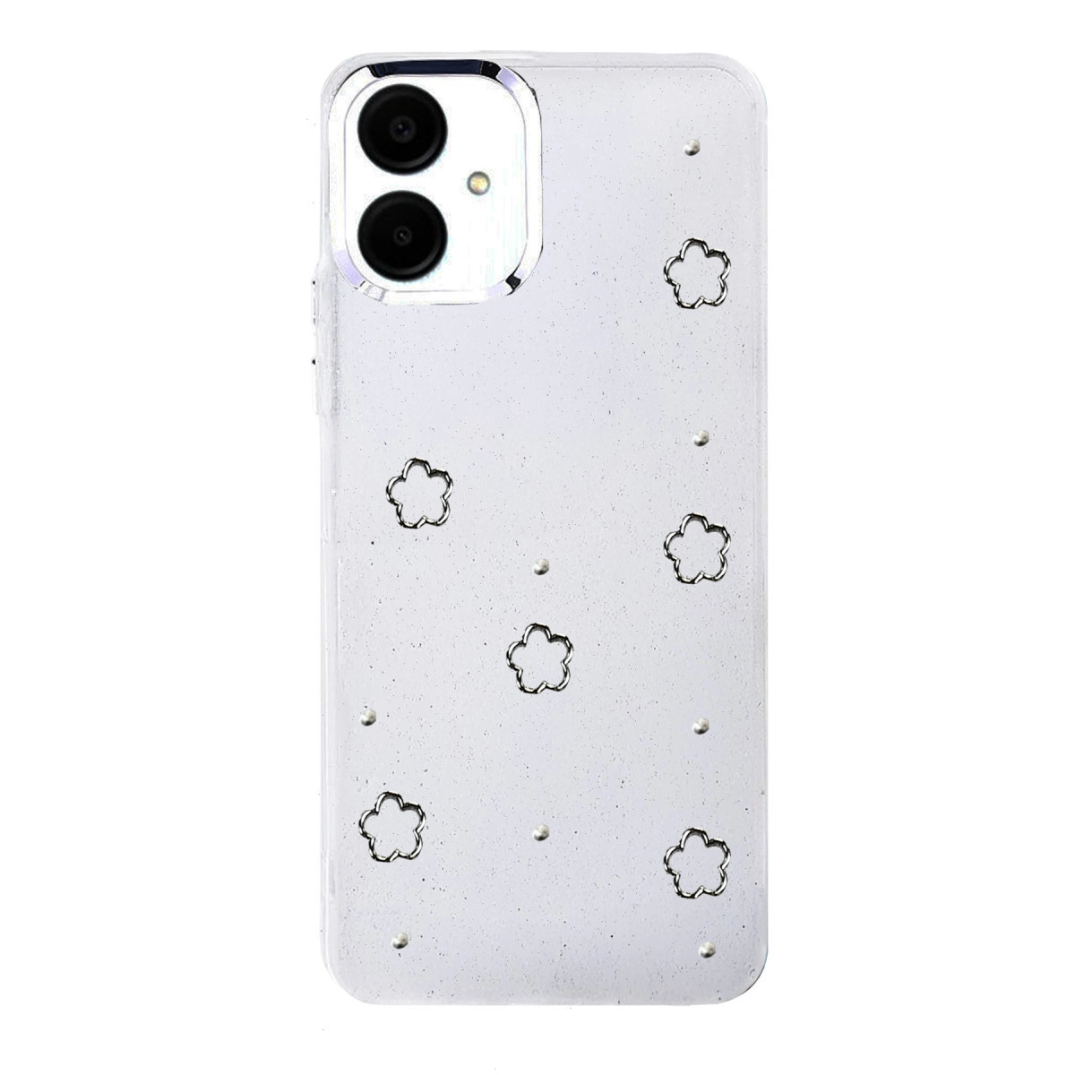Gümüş çiçek ve nokta desenleriyle süslenmiş şeffaf telefon kılıfı.
