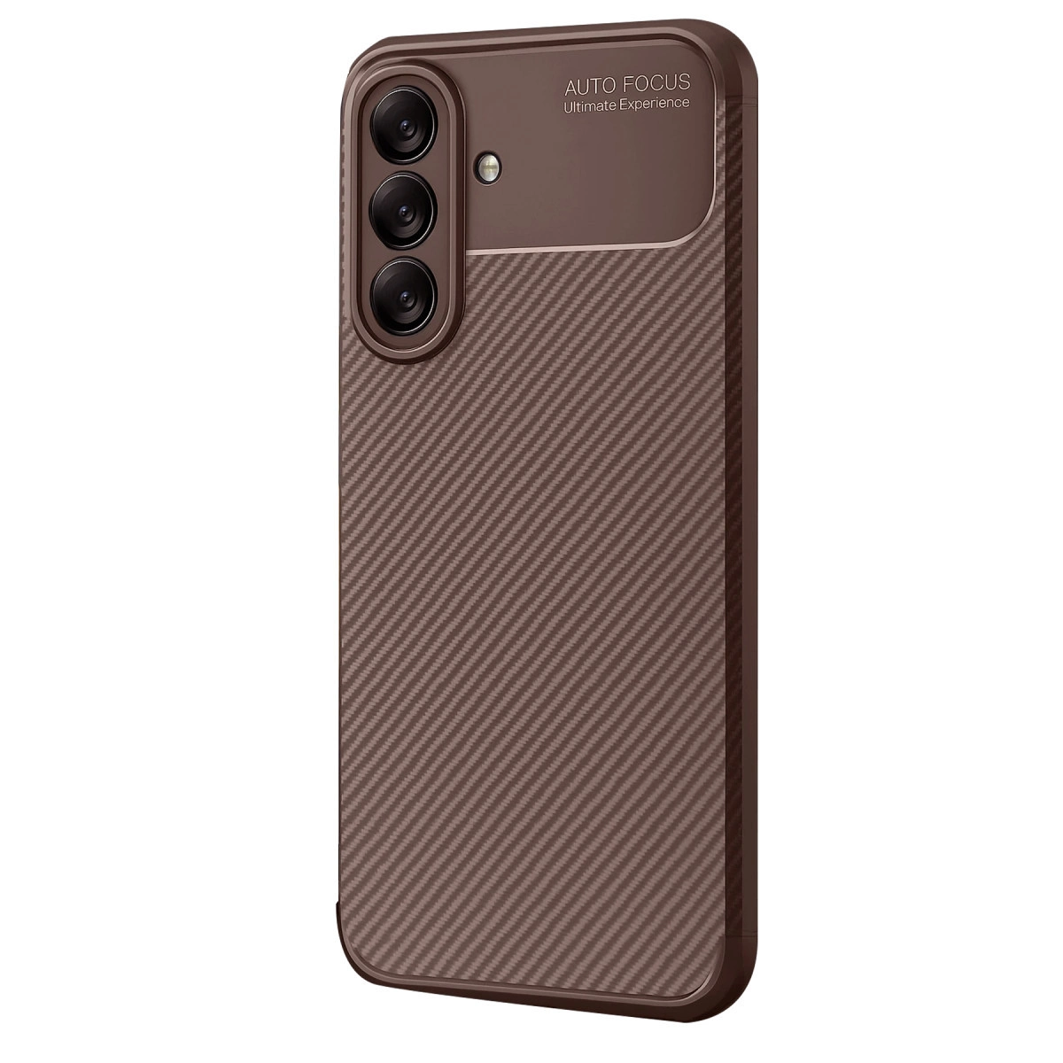 Karbon fiber dokulu kahverengi telefon kılıfı ve üç kamera lensi.