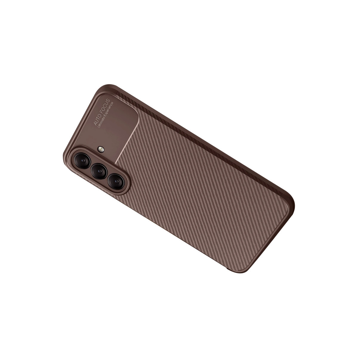 Karbon fiber dokulu, üç lensli kahverengi telefon kılıfı.