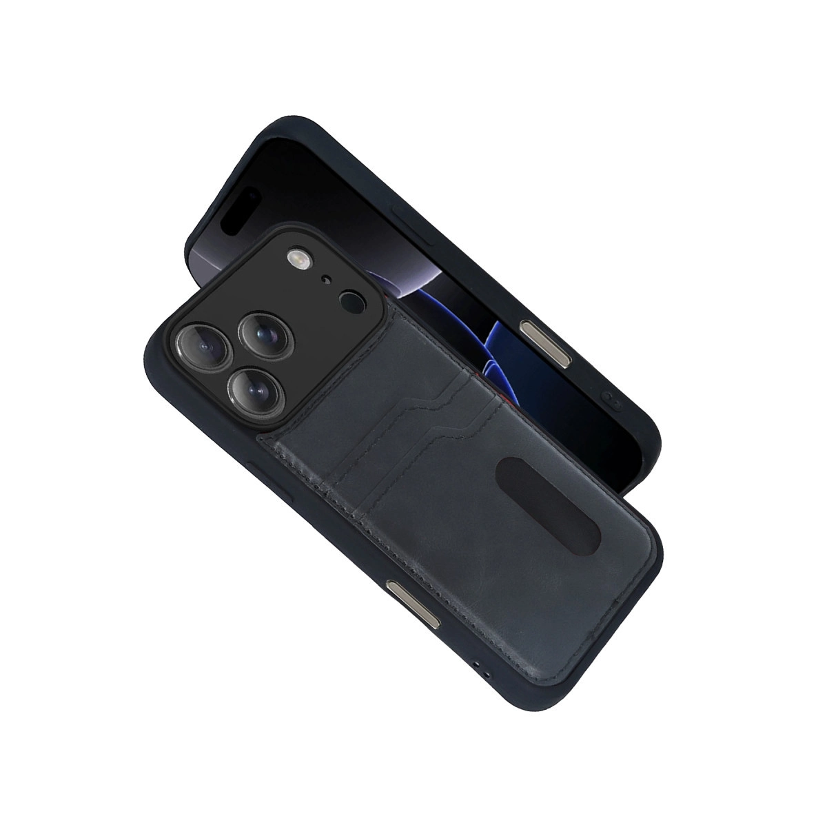 Arkasına siyah cüzdan kılıfı takılmış koyu mavi bir iPhone.