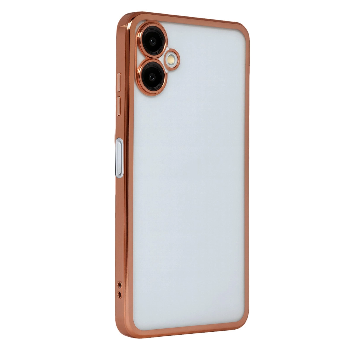 Bronz çerçeveli beyaz telefon ve üç kamera lensi.