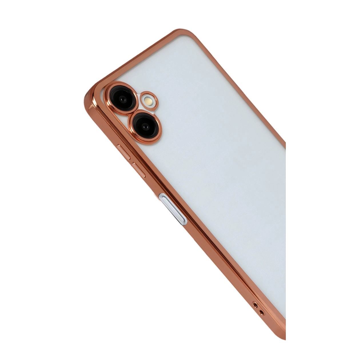 Beyaz arka plan üzerinde çift kamera ve flaşa sahip roz altın rengi telefon kılıfı.