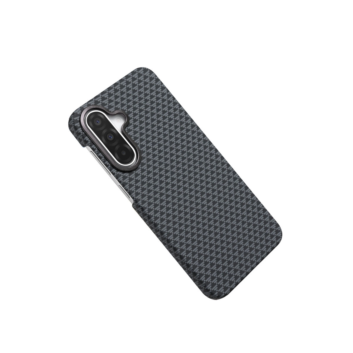 Koyu gri telefon kılıfı, desenli dokulu ve kamera kesimli.