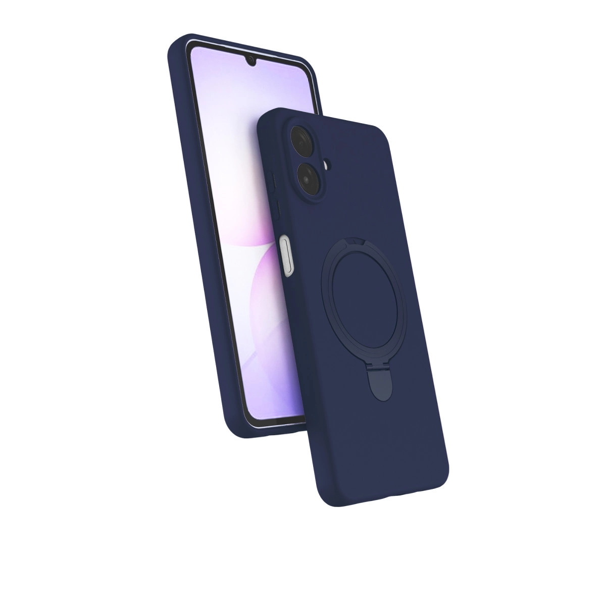 Halka tutuculu lacivert telefon, beyaz arka plan üzerinde.