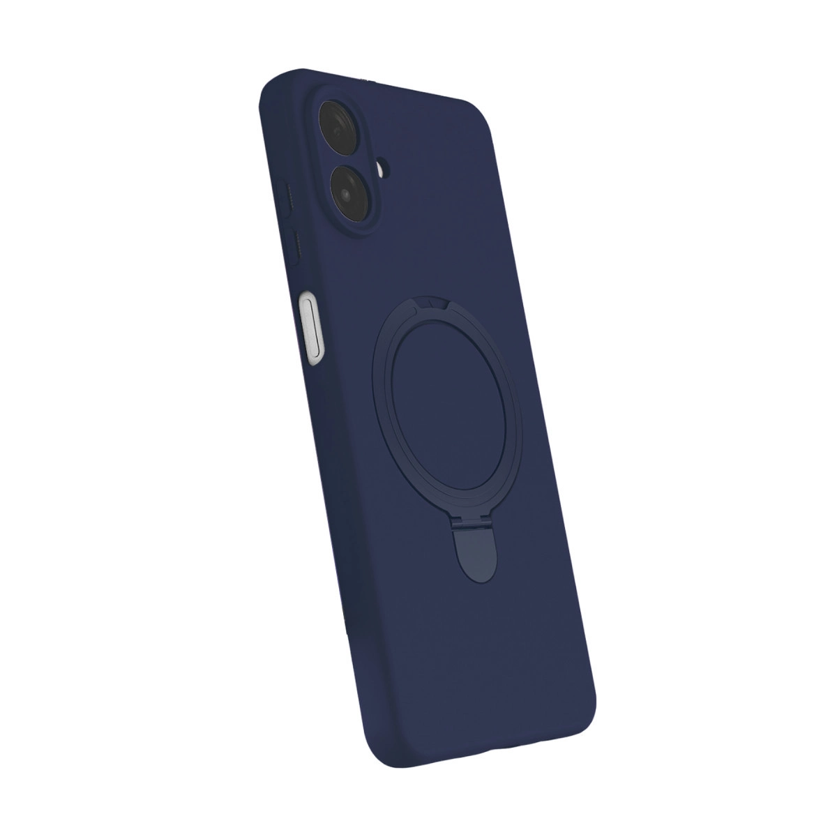 Koyu mavi telefon kılıfı, halka tutucu ve iki kamera lensi beyaz arka planda.
