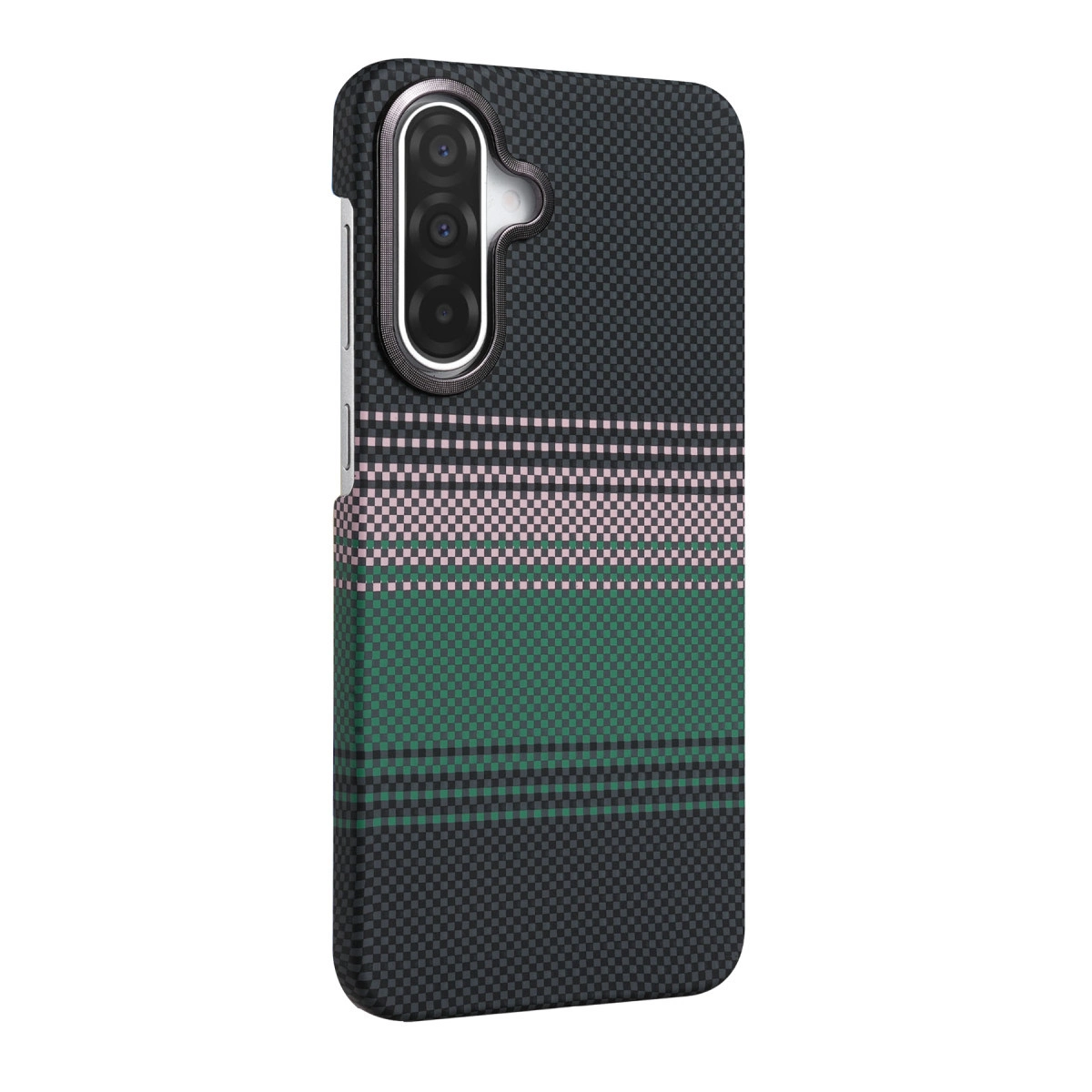 Kareli desene ve pembe, yeşil, siyah yatay çizgili koyu gri telefon kılıfı.