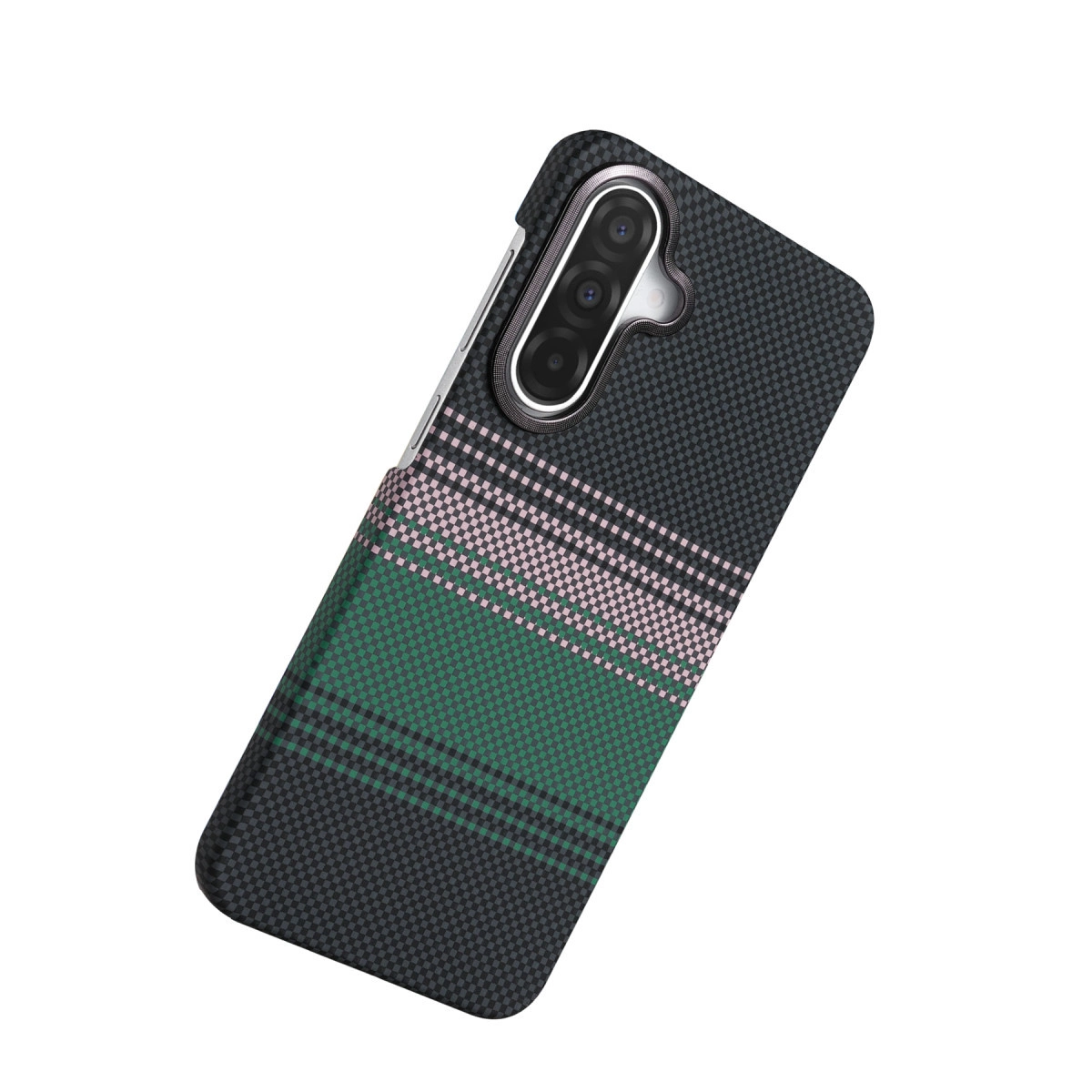 Kare desenli, yeşil ve pembe çizgili siyah telefon kılıfı.