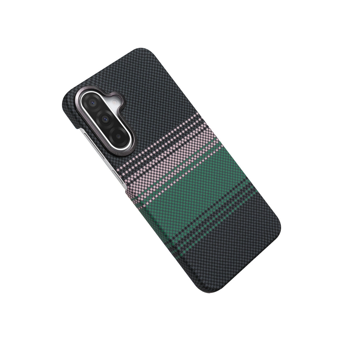 Siyah kare desenli, yeşil/pembe çizgili telefon kılıfı.