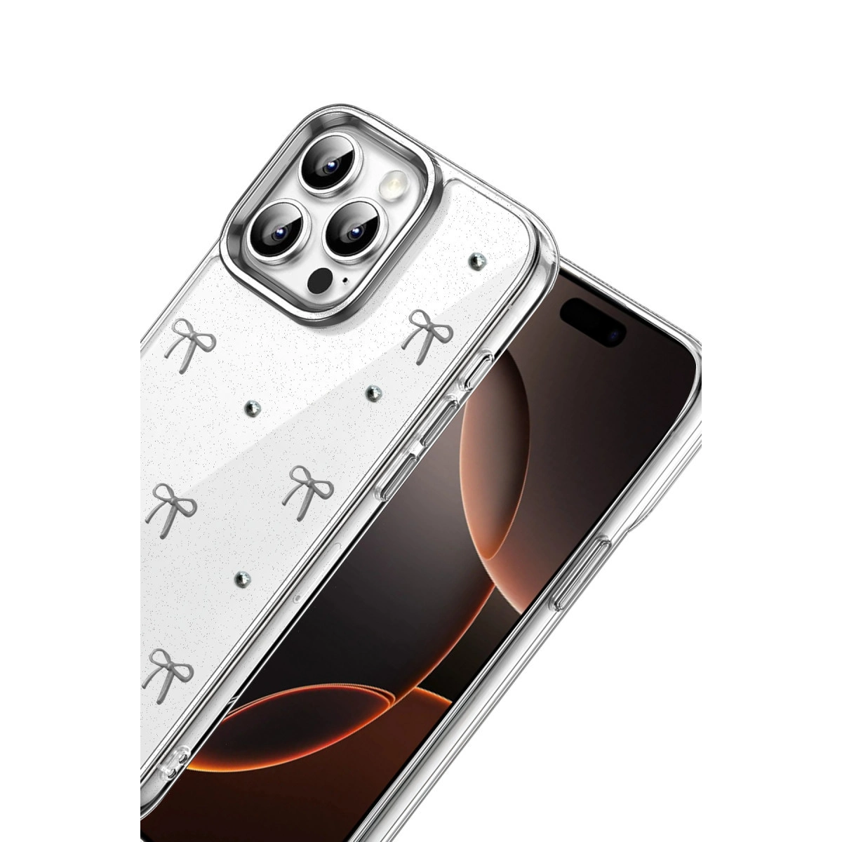 Akıllı telefonu gösteren, fiyonk desenli ve simli şeffaf telefon kılıfı.