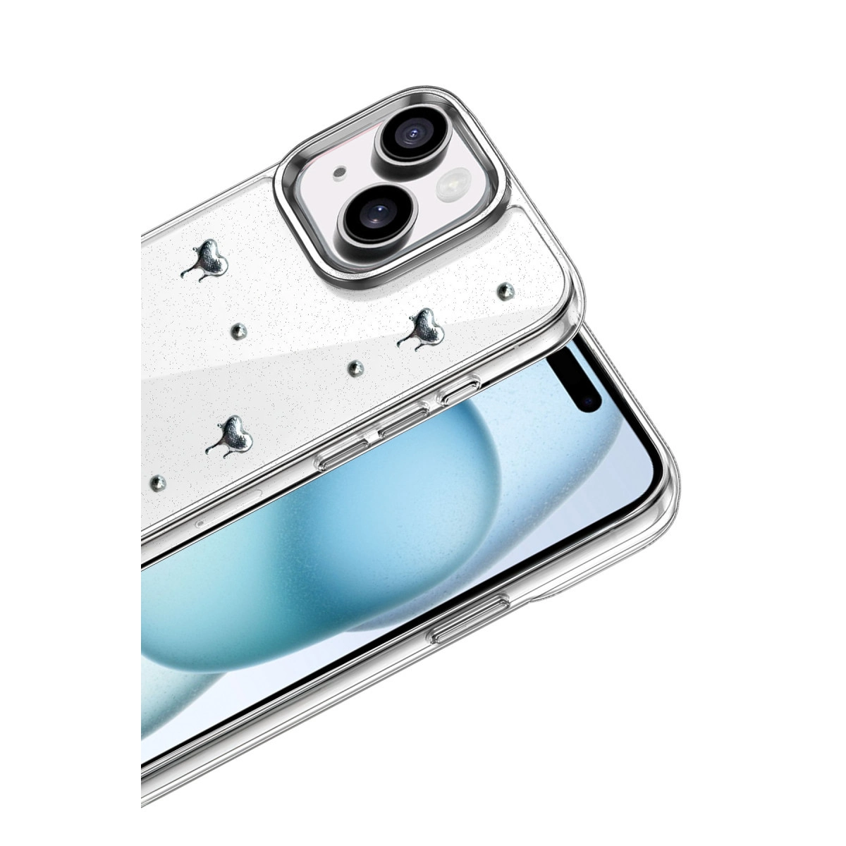 Akıllı telefon üzerinde sim ve gümüş kalpler bulunan şeffaf telefon kılıfı.
