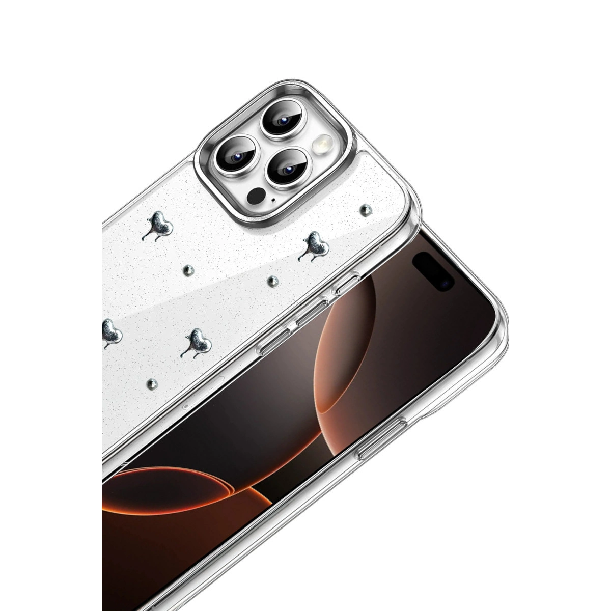 Kalpli ve simli şeffaf telefon kılıfı, kamerayı gösteriyor.