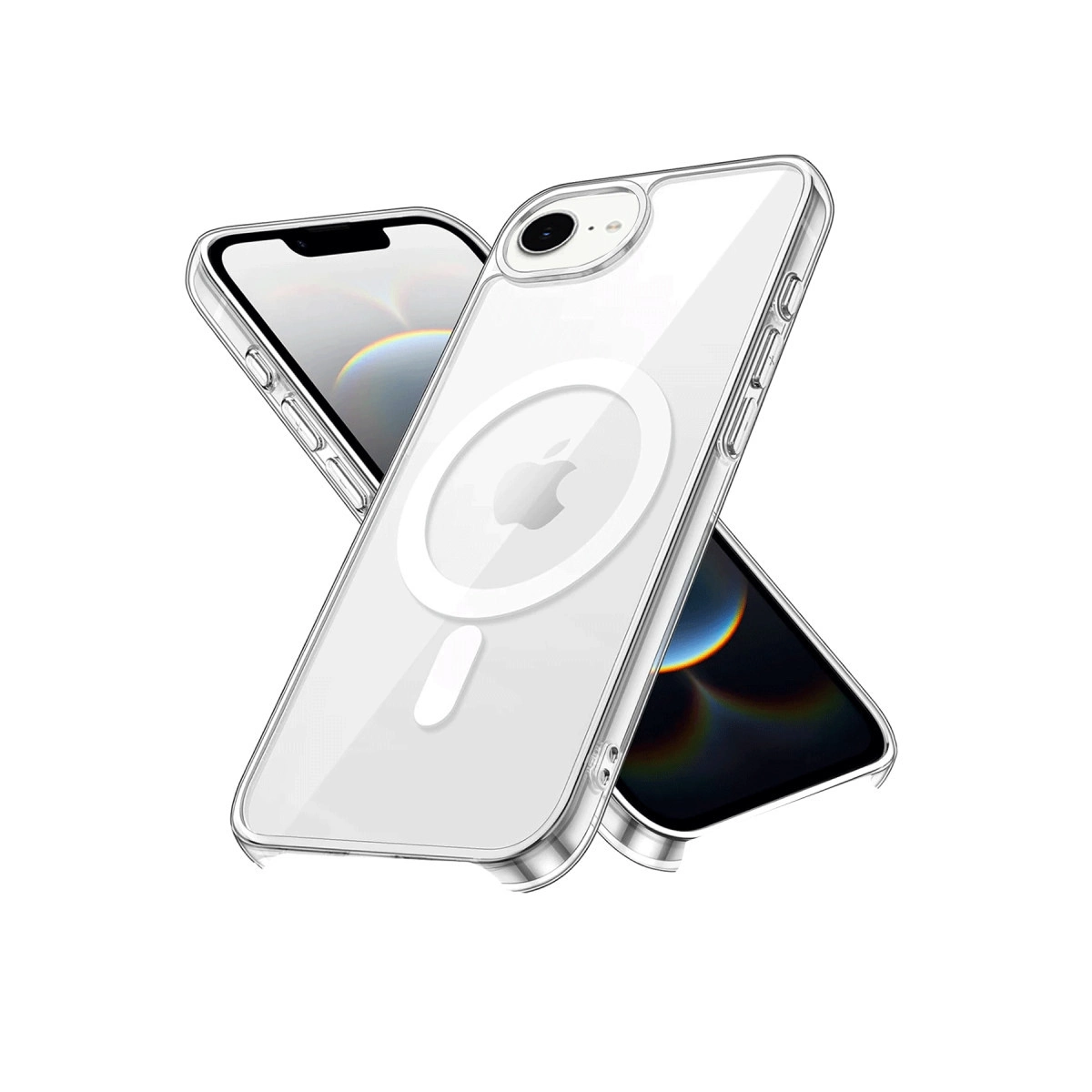 iPhone arkasında MagSafe halkalı şeffaf telefon kılıfı.