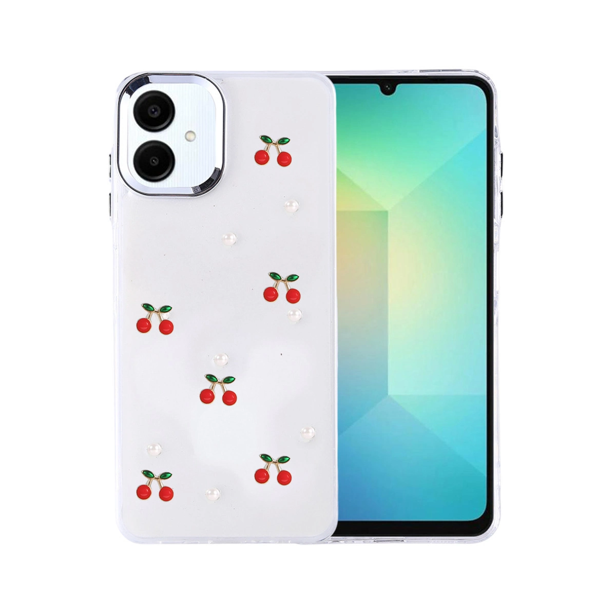 Kırmızı kiraz baskıları ve incilerle süslenmiş şeffaf telefon kılıfı.