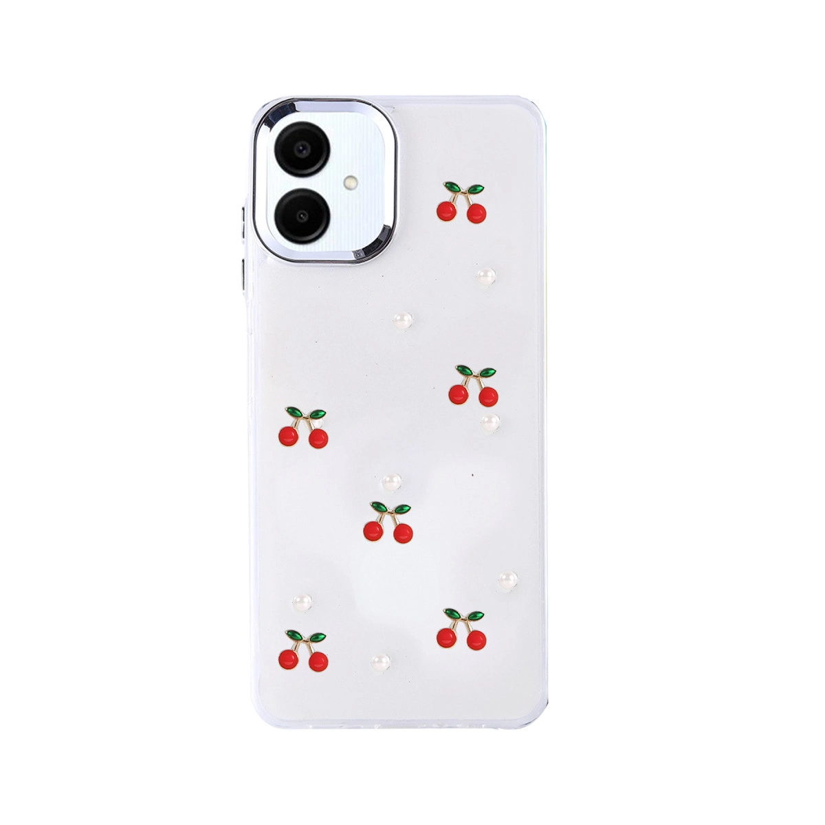 Kiraz ve inci motifleriyle süslenmiş şeffaf telefon kılıfı.