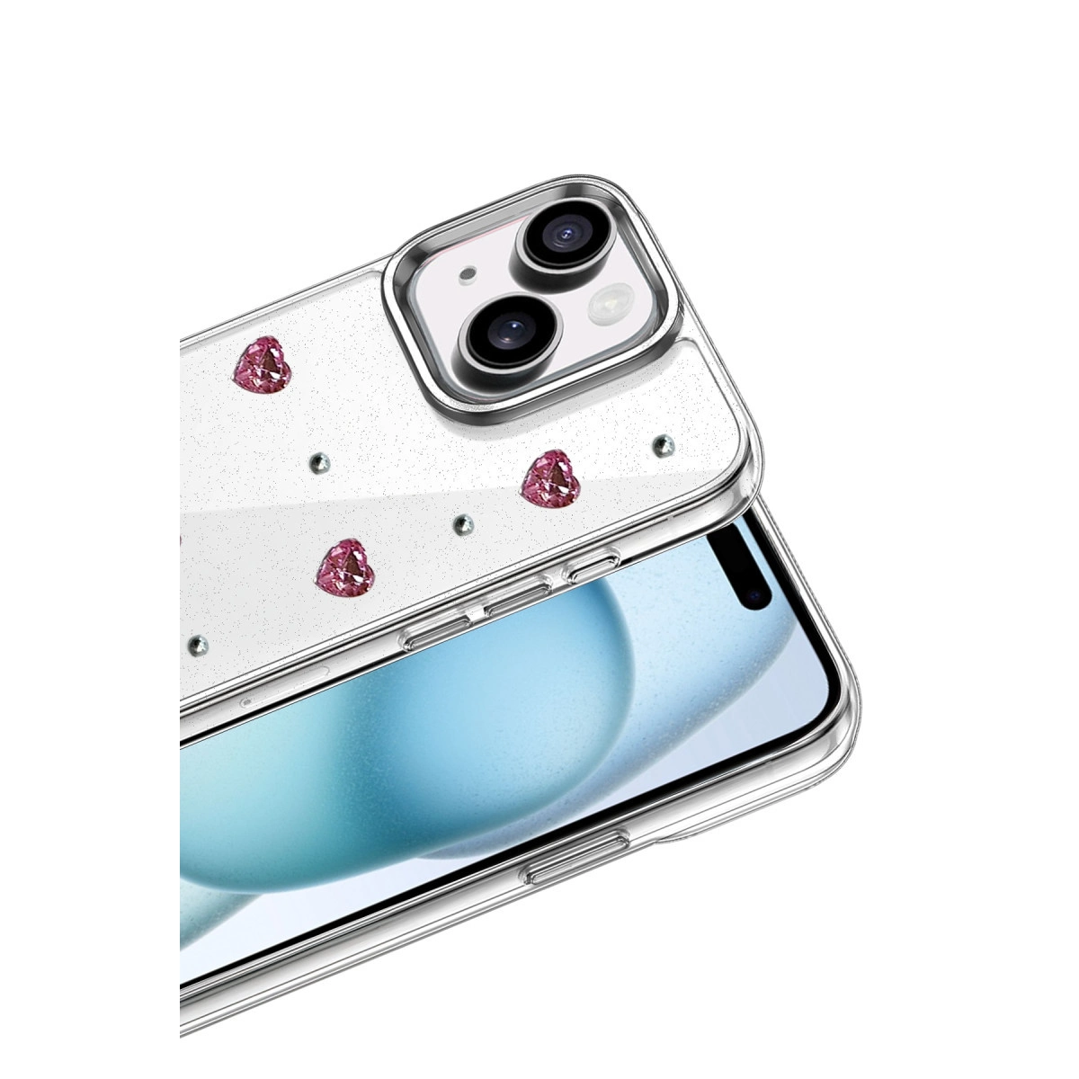 Telefon için şeffaf kılıf, sim ve pembe kalplerle.
