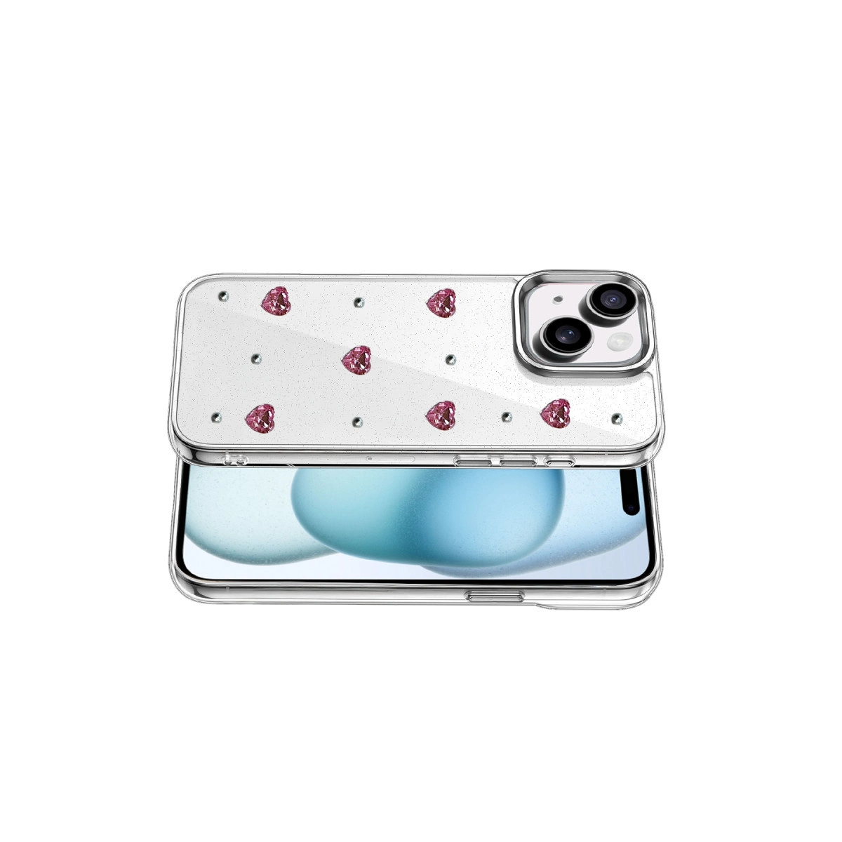 Pembe kalpli ve simli şeffaf telefon kılıfı.