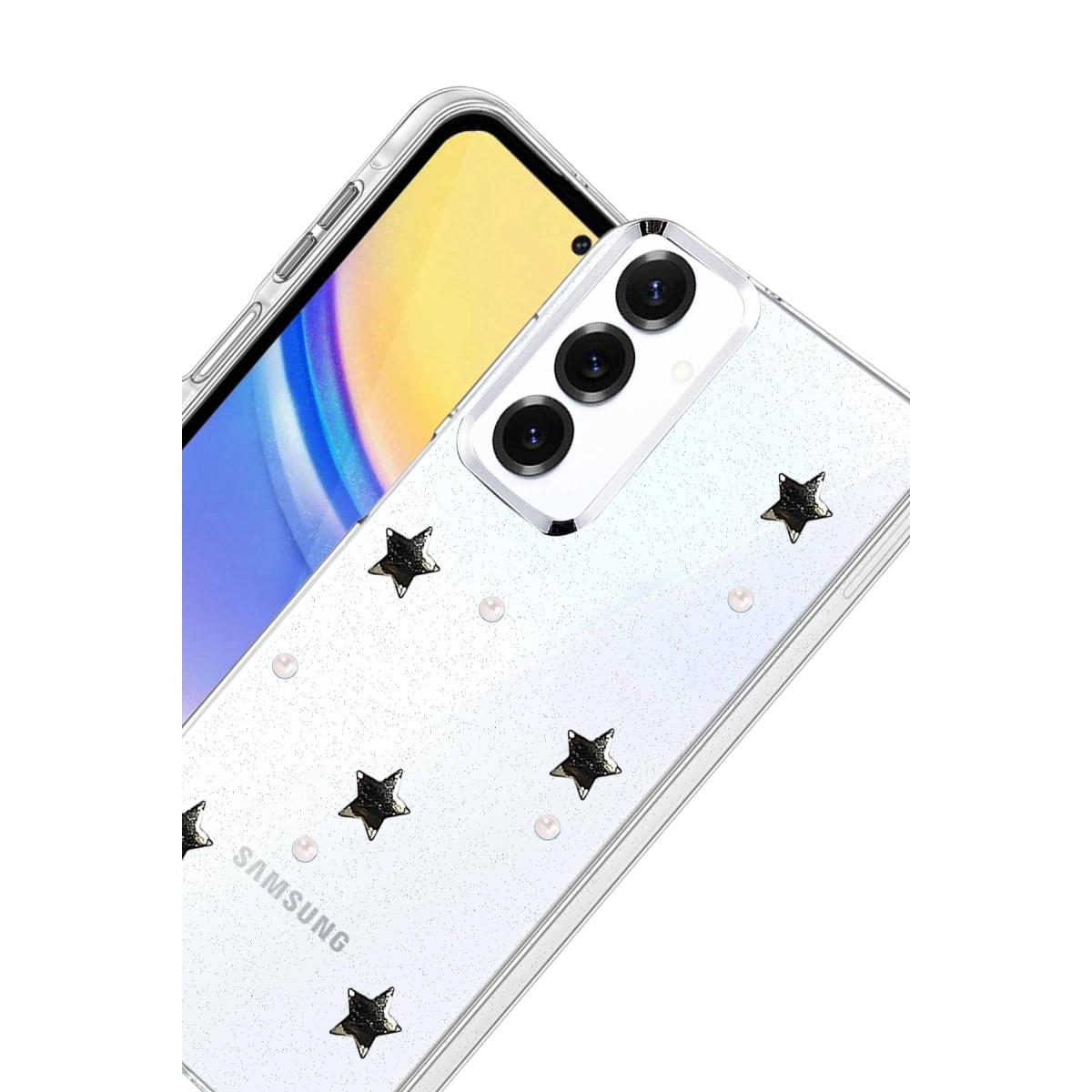 Samsung telefonda siyah yıldızlar ve incilerle şeffaf telefon kılıfı.