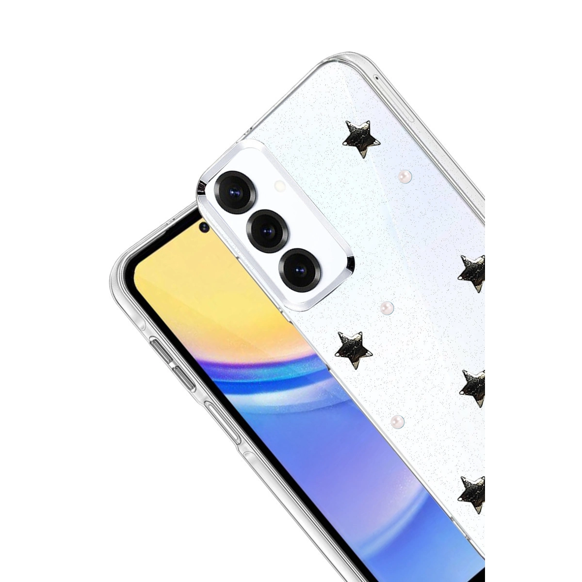 Akıllı telefonda siyah yıldızlar ve inciler bulunan şeffaf telefon kılıfı.