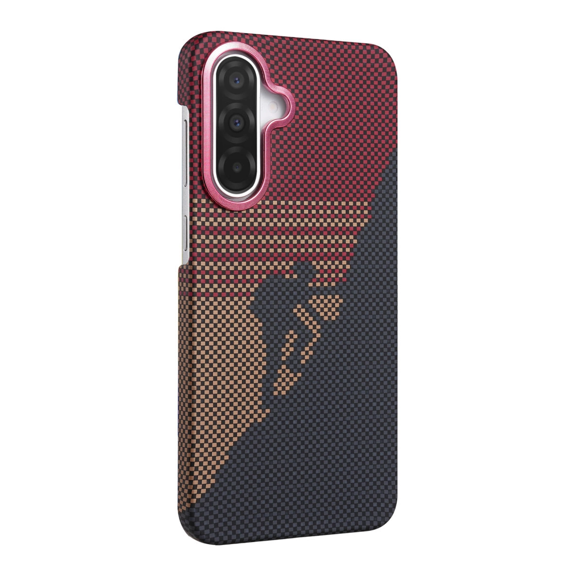 Kareli desenli, üçlü kamera açıklıklı kırmızı ve bej telefon kılıfı.