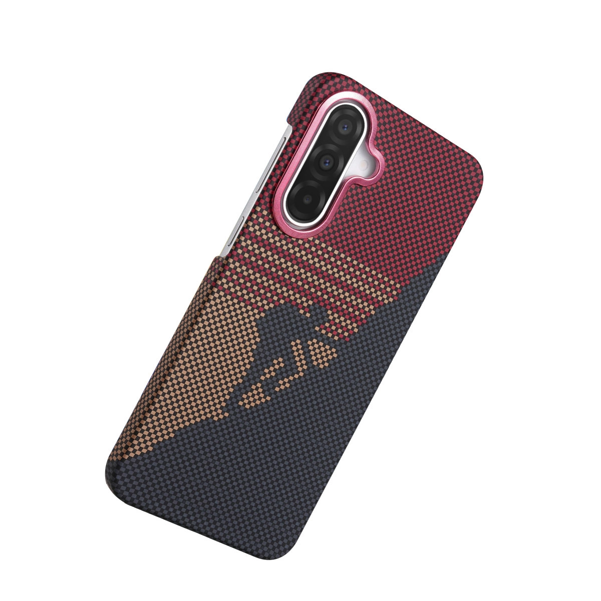 Kareli desenli ve kamera kesimli kırmızı telefon kılıfı.