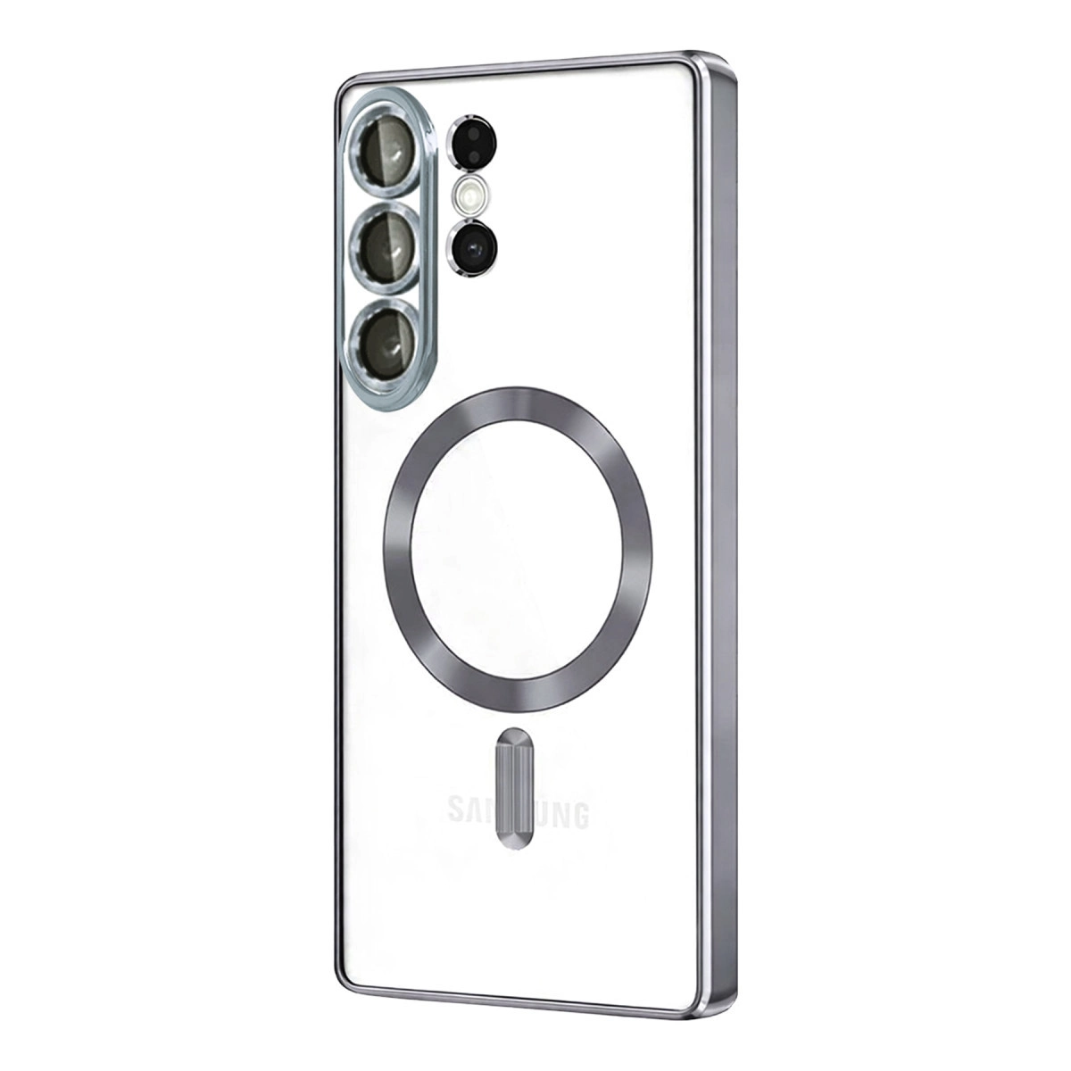 Kamera modülü, halkası ve Samsung logosu olan beyaz telefon kılıfı.