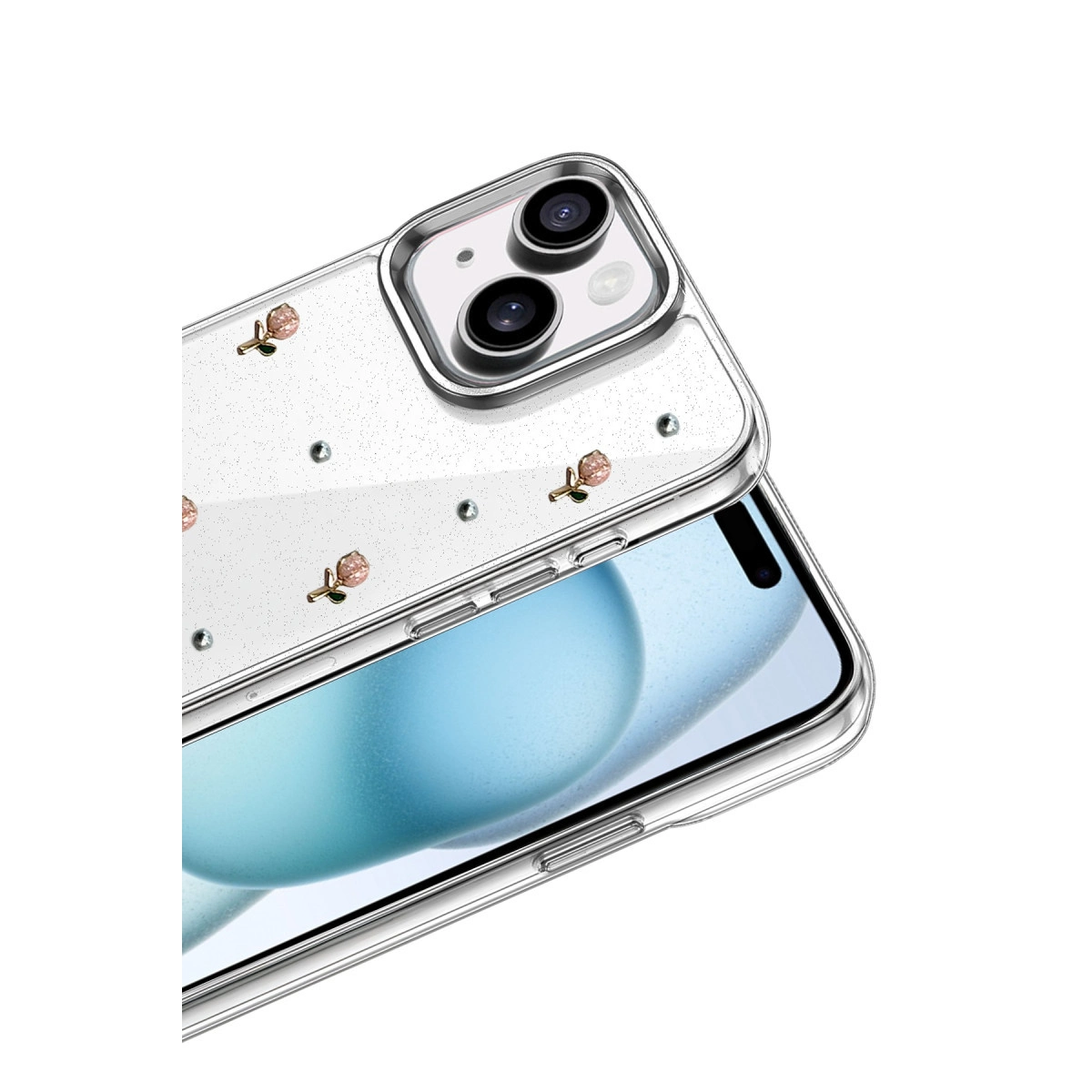 Beyaz arka plan üzerinde sim ve küçük gül tasarımlı şeffaf telefon kılıfı.