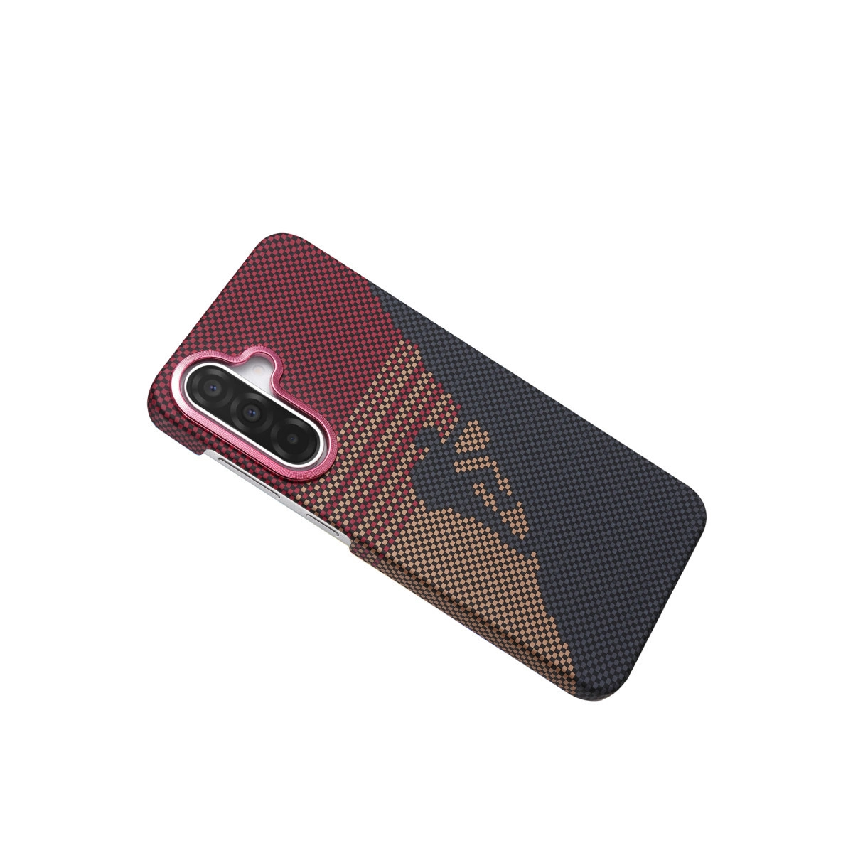 Desenli ve kamera açıklıklı kırmızı ve siyah telefon kılıfı.