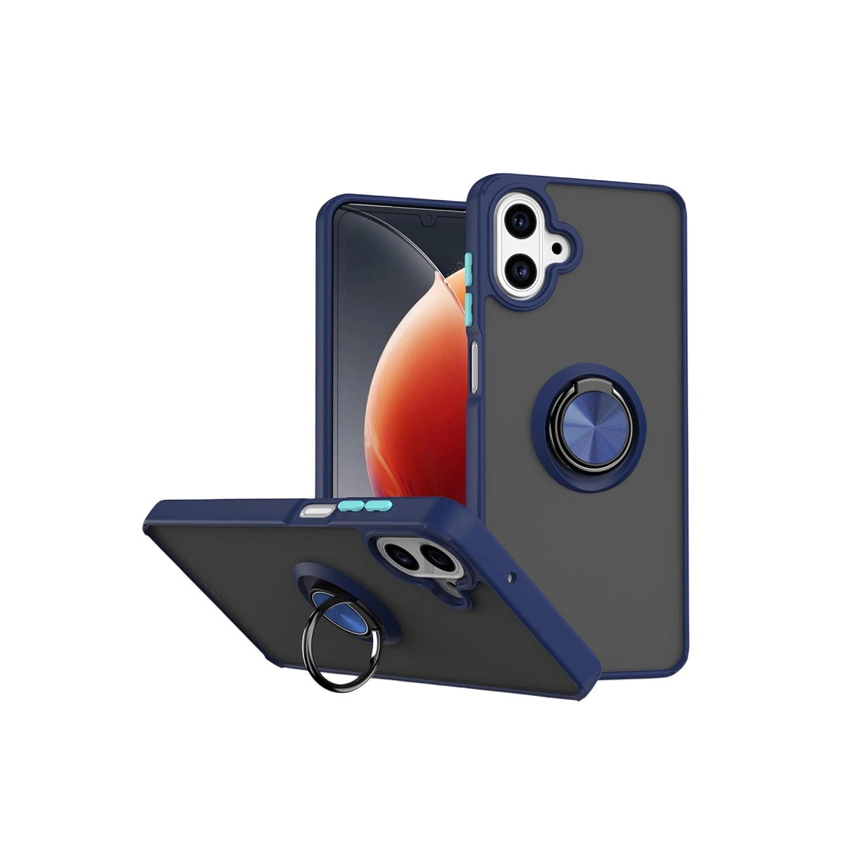 Mavi kenarlı ve halka tutuculu iki koyu gri telefon kılıfı.