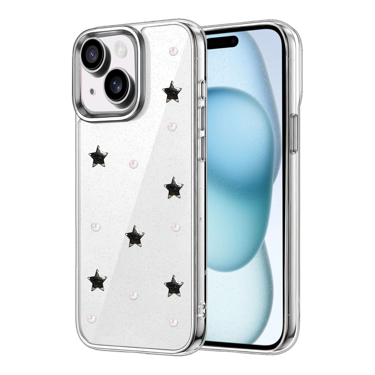 Yıldızlar ve incilerle şeffaf kılıf, arka planda iPhone.