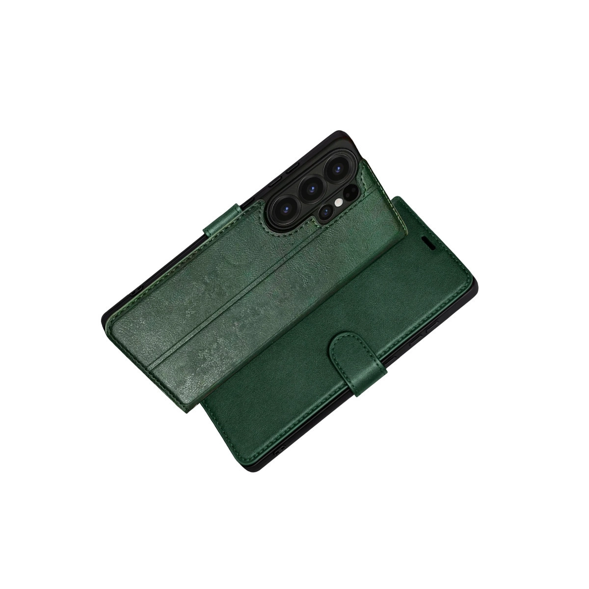 Koyu yeşil kapaklı telefon kılıfı, kamera modülü ve kayışlı kapama.